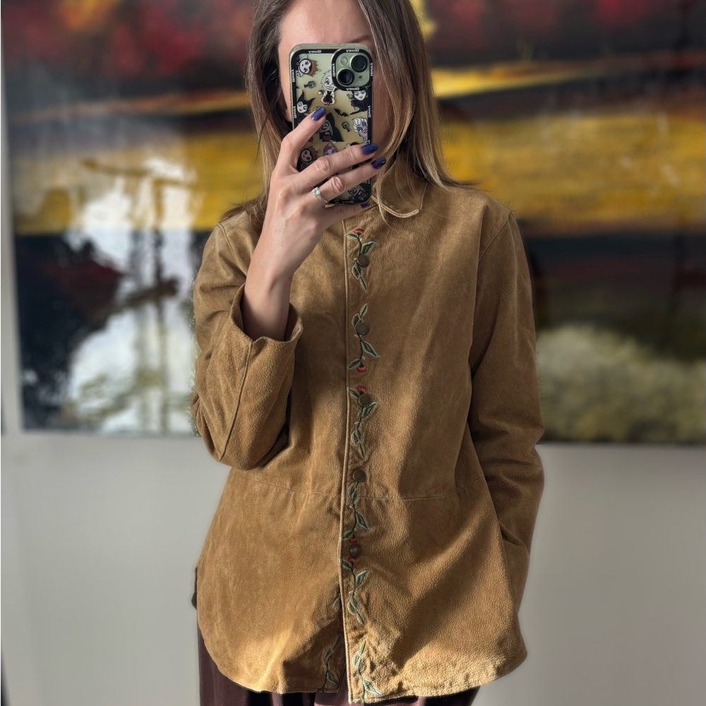 Coldwater Creek Tan Leather Jacket Embroidered vintage western sz S
